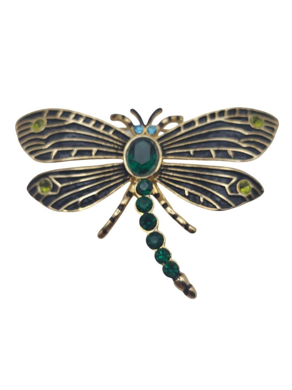 Dragonfly Brooch Pin Green & Blue Crystals Gold Tone Enamel Insect Bug Vintage